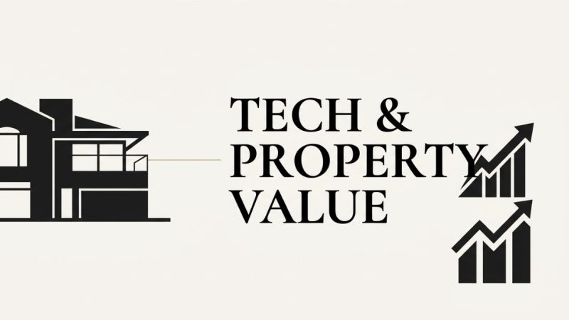 Black silhouette of a house connected by a line to "TECH & PROPERTY VALUE" and two upward trending charts.