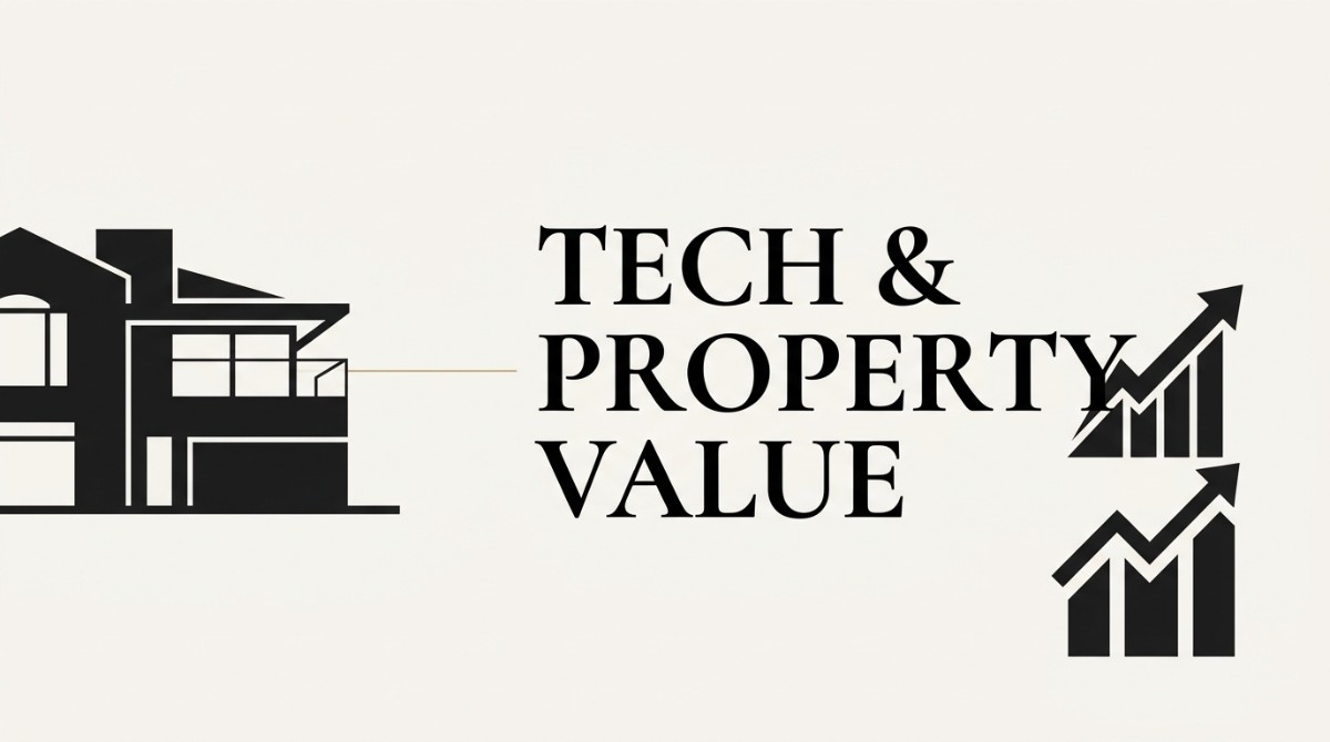 Black silhouette of a house connected by a line to "TECH & PROPERTY VALUE" and two upward trending charts.