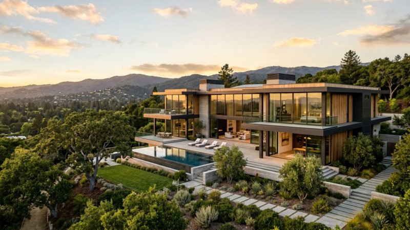Modern tech executive real estate with a pool and balconies, overlooking a valley at sunset.