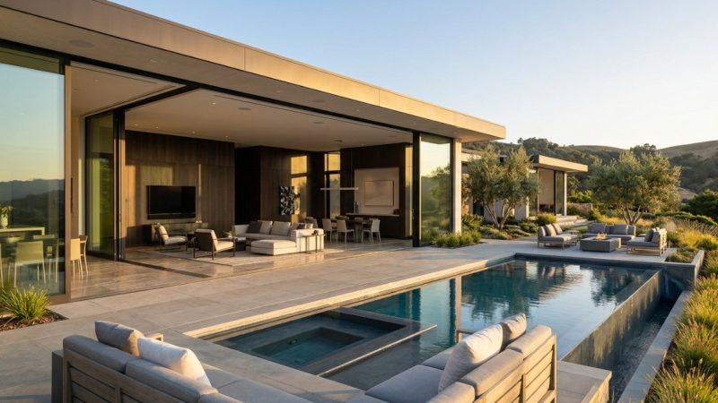 Modern high-end Bay Area home with open living room, patio, infinity pool, and hot tub overlooking hills.