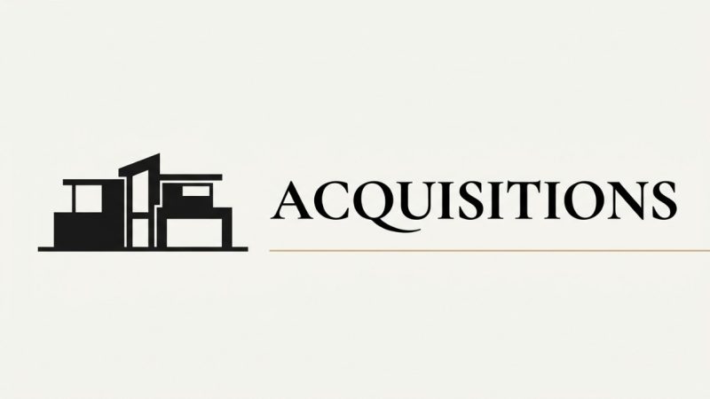 Stylized black silhouette of a modern house next to the word "ACQUISITIONS" on a beige background.