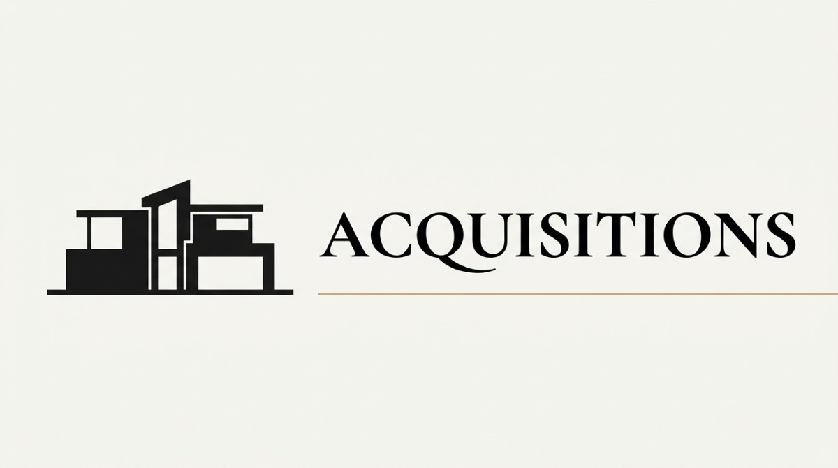 Stylized black silhouette of a modern house next to the word "ACQUISITIONS" on a beige background.