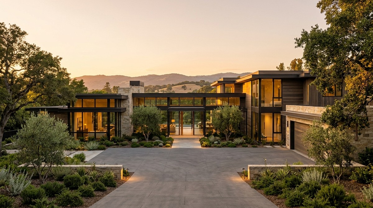 Modern luxury home with a long driveway, surrounded by lush landscaping, trees, and rolling hills at sunset.