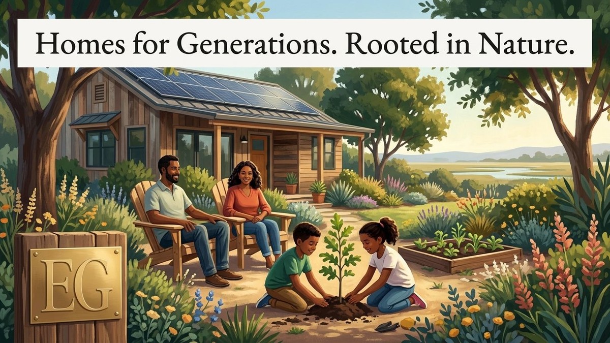 A family in a lush garden: parents relax in chairs while two children plant a tree near a solar-paneled sustainable home.
