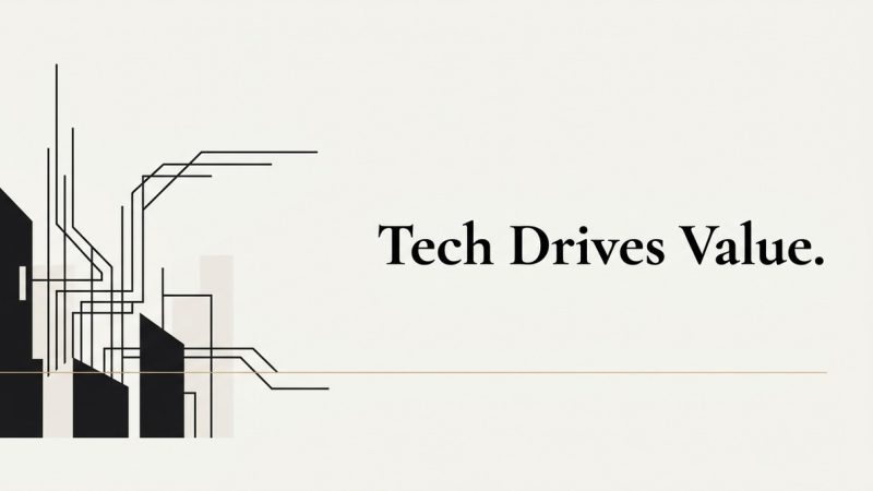 Abstract design of black buildings with connecting lines, and text: Tech Drives Value.