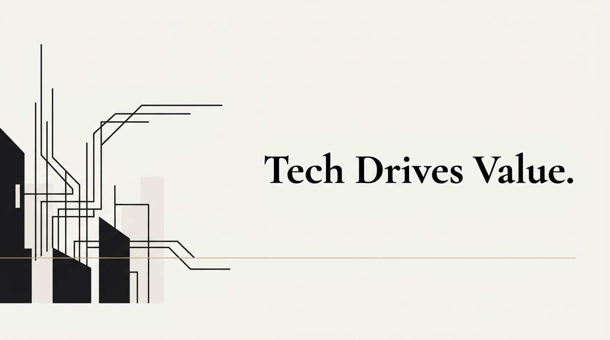 Abstract design of black buildings with connecting lines, and text: Tech Drives Value.