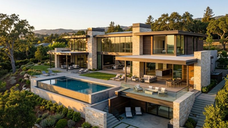 Modern luxury home with infinity pool, multiple patios, and lush landscaping on a Silicon Valley hillside.