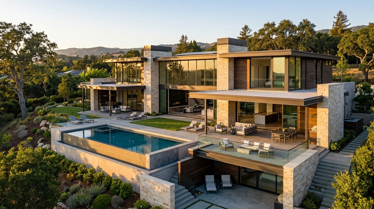 Modern luxury home with infinity pool, multiple patios, and lush landscaping on a Silicon Valley hillside.