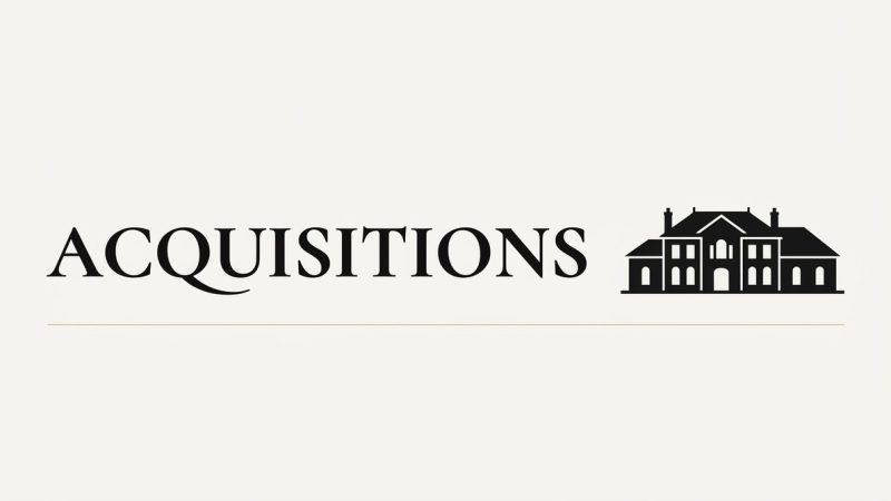 The word "ACQUISITIONS" in black serif font with a black silhouette of a large house.