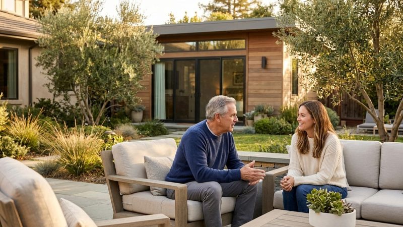 Man and woman talking on patio furniture in a lush backyard with a modern wooden ADU in the background.