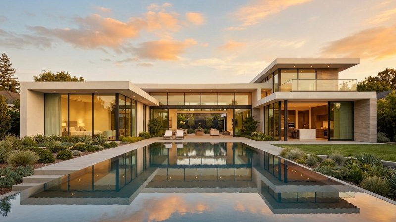 Modern Bay Area home with a long infinity pool reflecting the golden sunset sky.