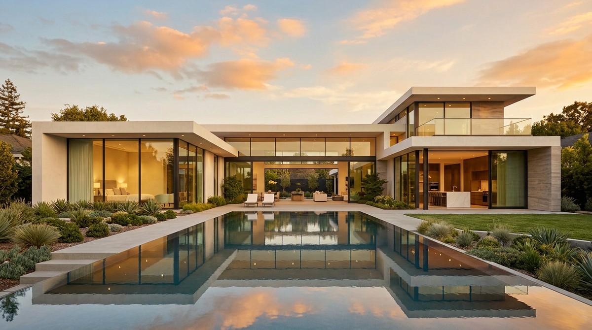 Modern Bay Area home with a long infinity pool reflecting the golden sunset sky.