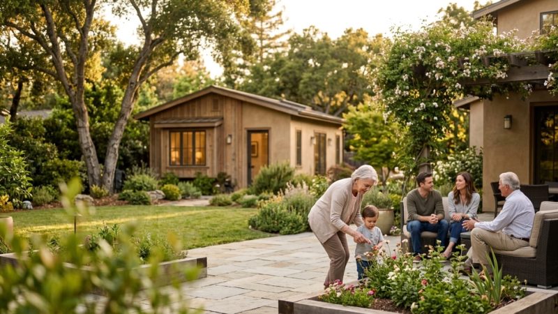 A multigenerational family gathers in a sunny backyard with a small cottage and lush landscaping.