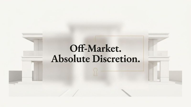 Minimalist white luxury real estate building with "Off-Market. Absolute Discretion." text and a keyhole.