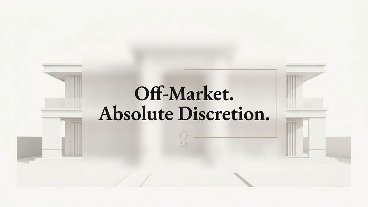 Minimalist white luxury real estate building with "Off-Market. Absolute Discretion." text and a keyhole.