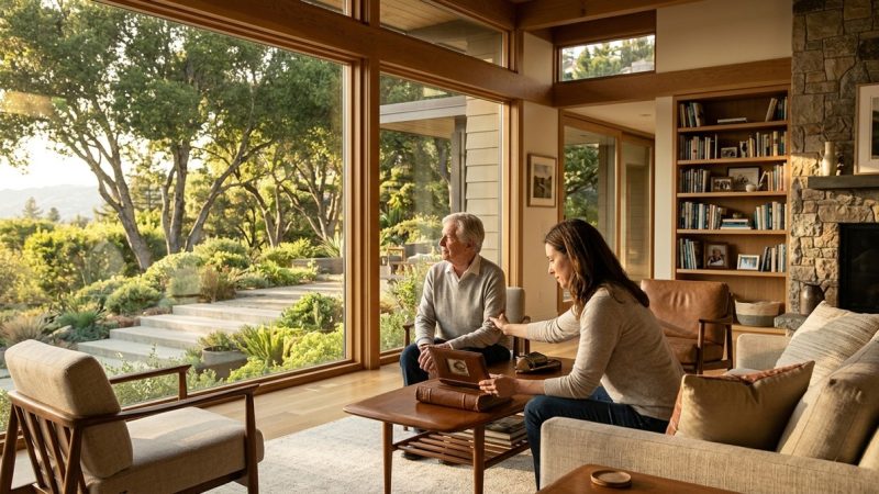 A man and woman sit in a sunlit living room with large windows overlooking a lush garden.