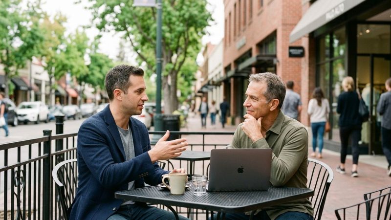 Two men discussing at an outdoor cafe table with a laptop, coffee, and water. A busy street and shops are in the background.
