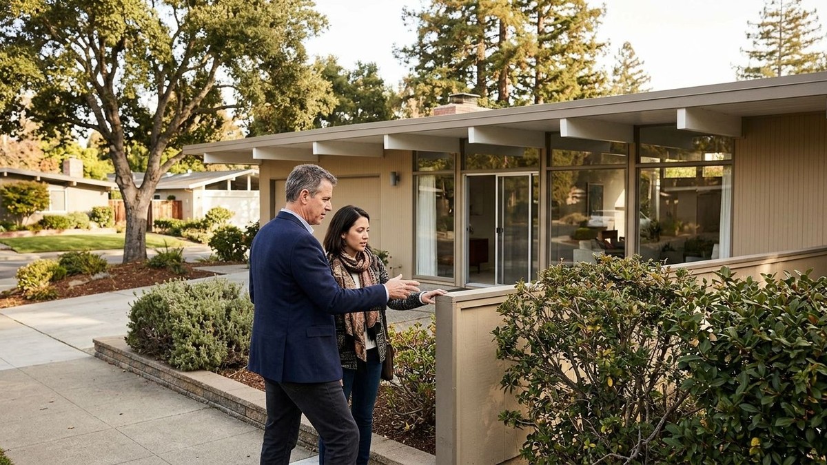 A man and woman discuss Eichler home additions outside a mid-century modern house with large windows.