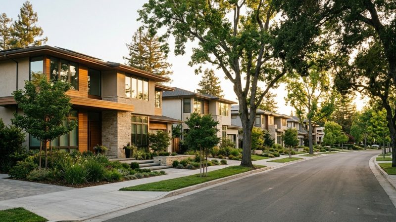 A tree-lined street with modern homes featuring stone and wood accents, lush landscaping, and large windows.