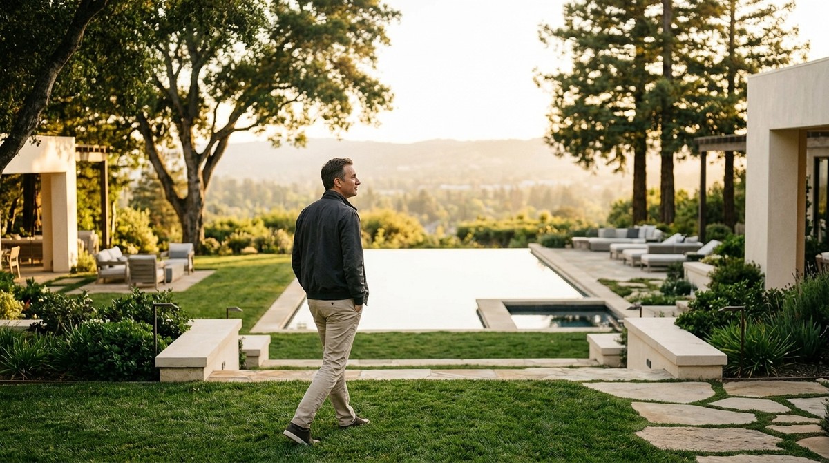 Man walks on a lush lawn toward an infinity pool, with a luxury home and distant hills at sunset.