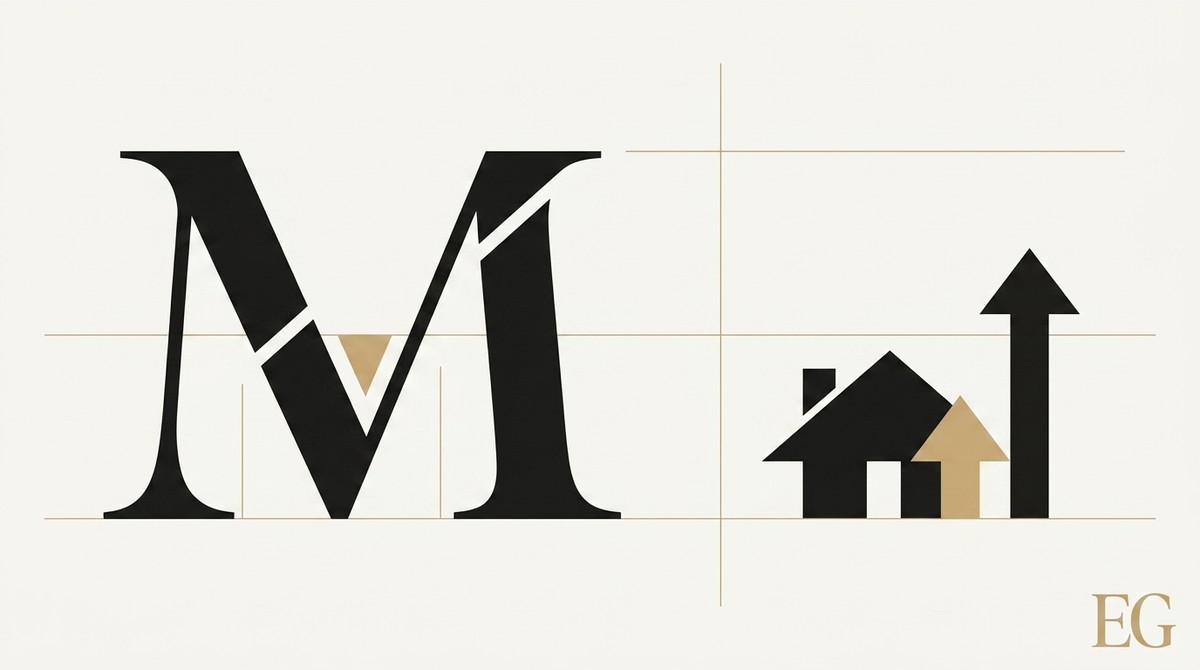 Stylized black "M" with a gold triangle, next to a house and two upward arrows.