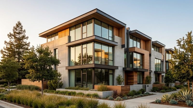 Modern Silicon Valley attached housing with concrete and wood siding, large windows, and lush landscaping.