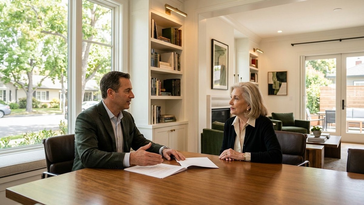 A man and woman discuss documents at a large wooden table in a bright, modern living room.