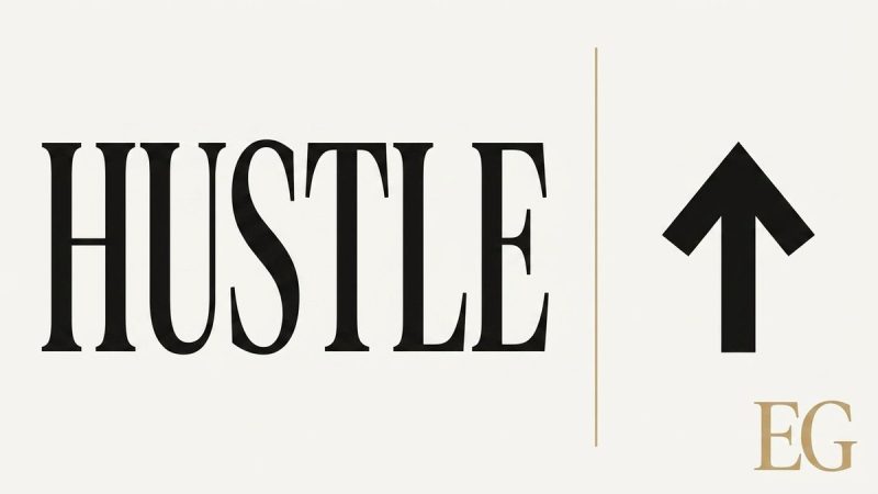 The word "HUSTLE" in black serif font, a gold vertical line, and a black upward arrow.