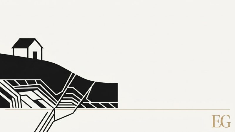 A simple house sits atop a black hillside, revealing complex underground layers and a fault line.