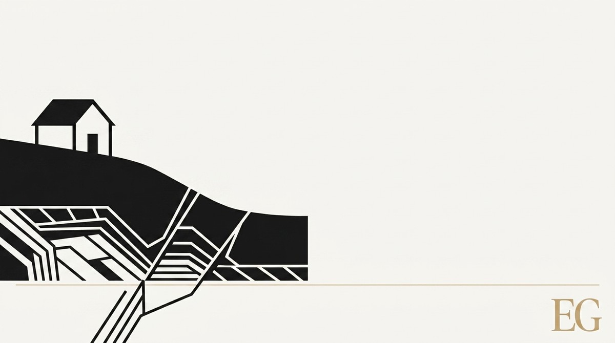 A simple house sits atop a black hillside, revealing complex underground layers and a fault line.