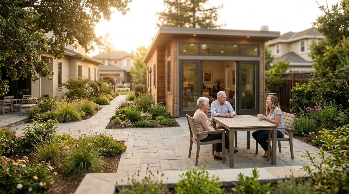 An older couple and a young woman laugh while sitting at an outdoor table beside a modern ADU.