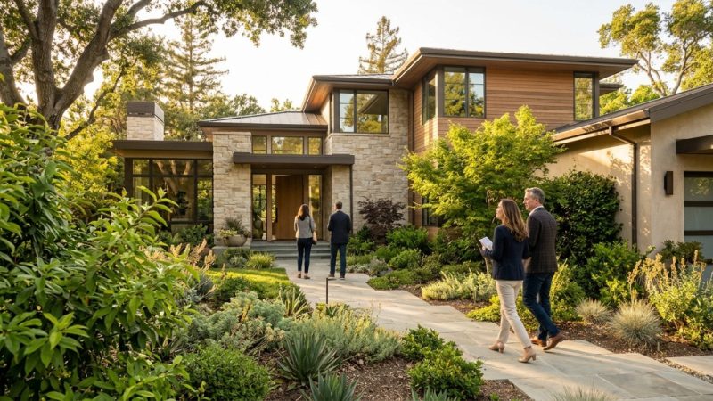 Two couples walk on a stone path through a lush garden towards and away from a modern stone and wood house.