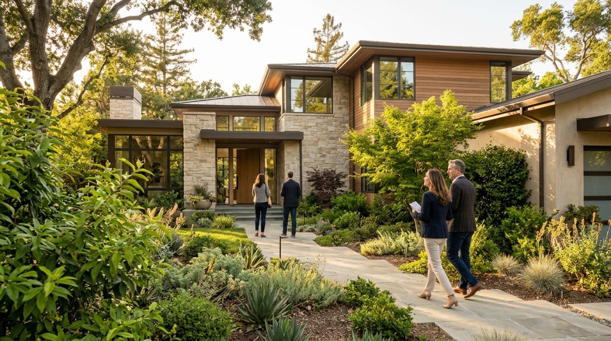 Two couples walk on a stone path through a lush garden towards and away from a modern stone and wood house.