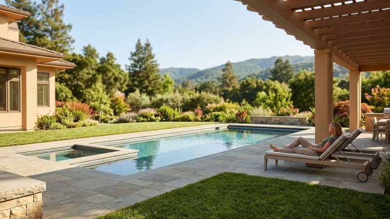 Woman relaxing on a lounge chair by a pool and hot tub, with a luxurious home and Bay Area land value.