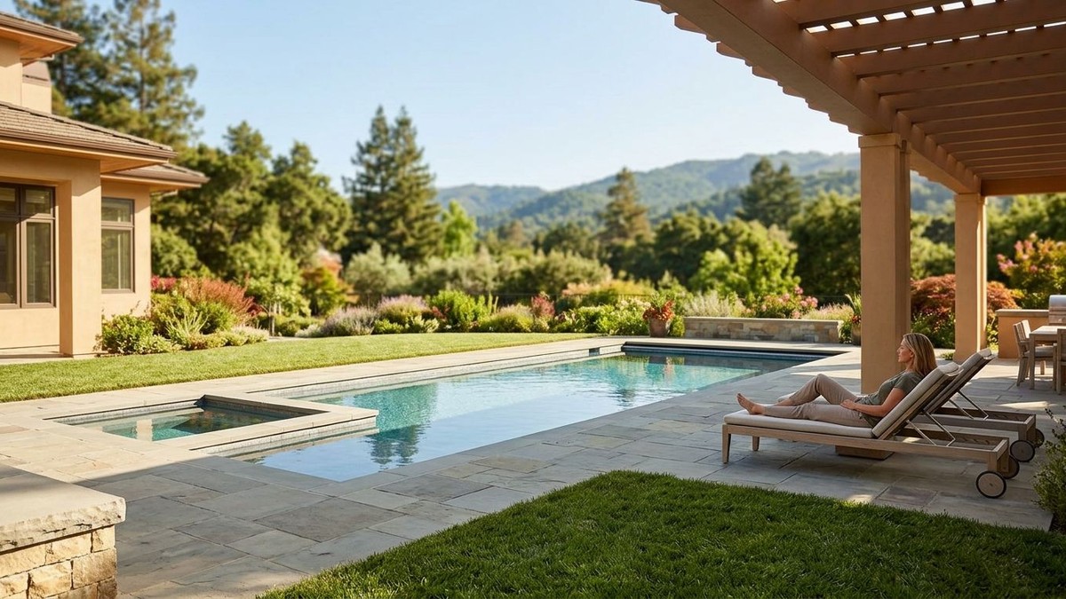 Woman relaxing on a lounge chair by a pool and hot tub, with a luxurious home and Bay Area land value.