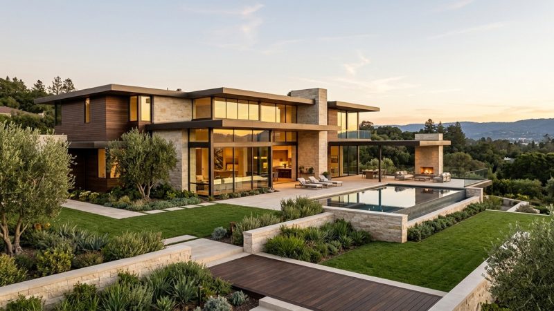 Modern luxury home with wood and stone exterior, large windows, infinity pool, and outdoor fireplace at sunset.