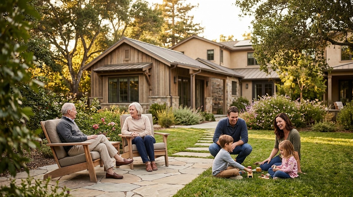 A multigenerational family enjoys their backyard. Grandparents relax on a patio, while parents and kids play on the lawn.