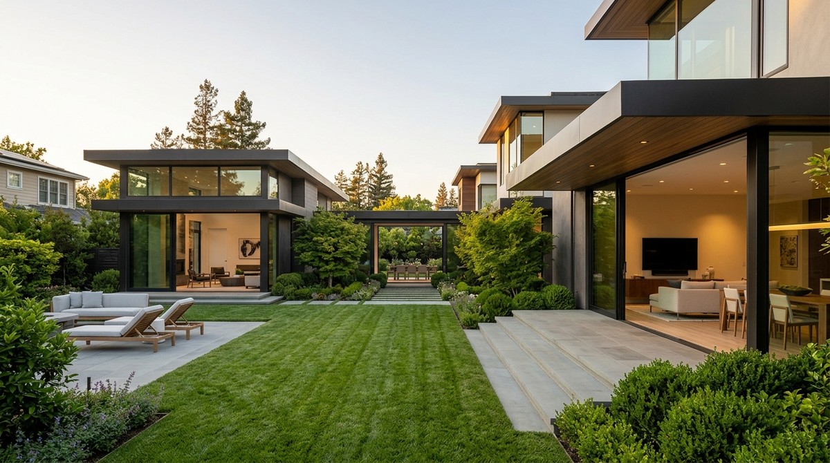 Modern homes with large glass walls, a manicured lawn, and lush landscaping under a clear sky.