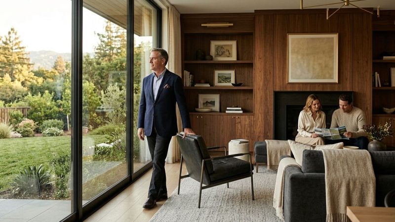 Man in suit looking out window at a lush garden; couple reads map on sofa.