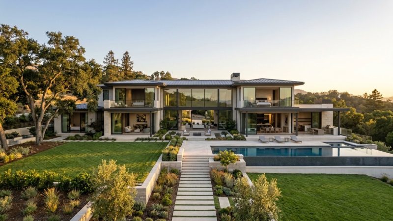 Modern luxury home with large windows, a pool, and manicured lawns, surrounded by hills at sunset.