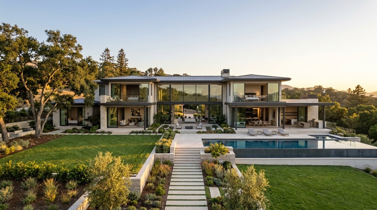 Modern luxury home with large windows, a pool, and manicured lawns, surrounded by hills at sunset.