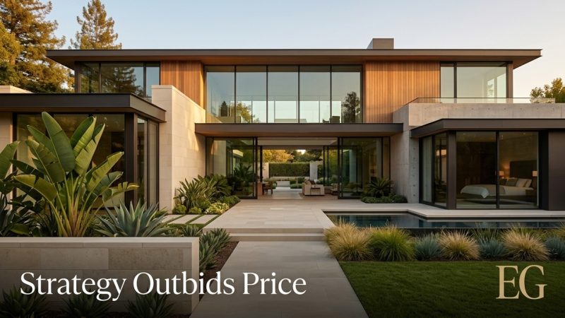 Modern luxury home with wood and glass walls, a pool, and lush landscaping. "Strategy Outbids Price" text.