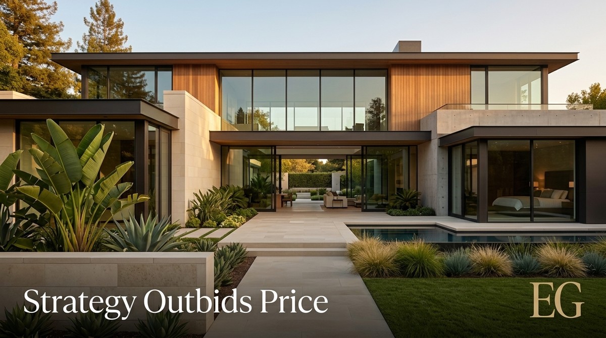 Modern luxury home with wood and glass walls, a pool, and lush landscaping. "Strategy Outbids Price" text.