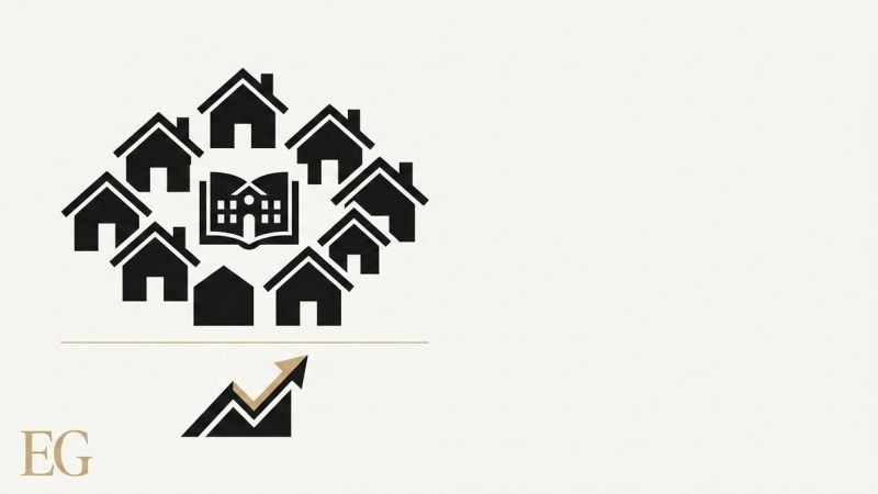 Black house icons surround an open book with a school building. An upward arrow shows growth.