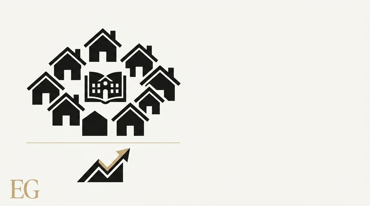 Black house icons surround an open book with a school building. An upward arrow shows growth.