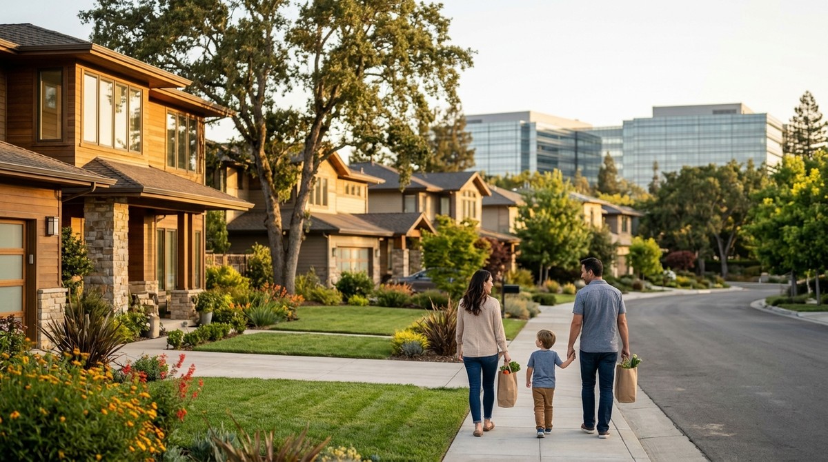 Family walks past suburban homes with modern corporate buildings in the background, showing corporate development impact.