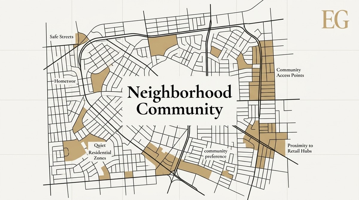 A map showing a neighborhood community with streets, residential zones, and retail hubs, highlighting tech executive homes.