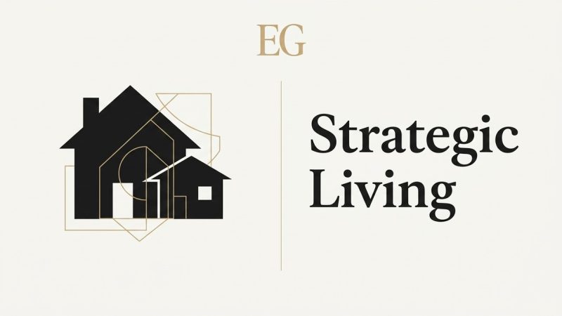 Two black house silhouettes, one larger, one smaller, with gold geometric outlines. Text reads "Strategic Living.