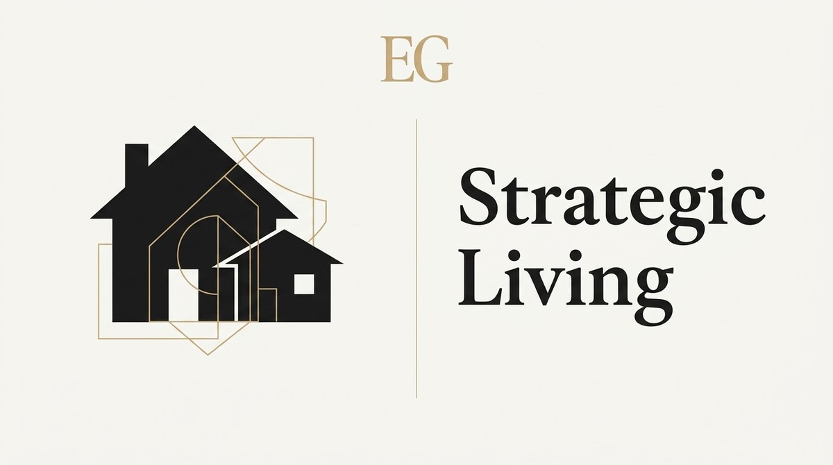 Two black house silhouettes, one larger, one smaller, with gold geometric outlines. Text reads "Strategic Living.