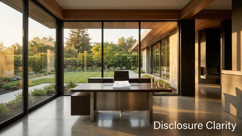 Modern office with large windows overlooking a lush green garden. Papers are stacked on a dark wood desk.